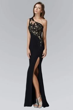 Formal Gowns Elizabeth K - GL2066 Appliqued Asymmetrical Illusion Long Gown