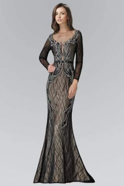 Elizabeth K - GL2102 Embellished Lace With Sheer Long Sleeve Gown Formal Gowns