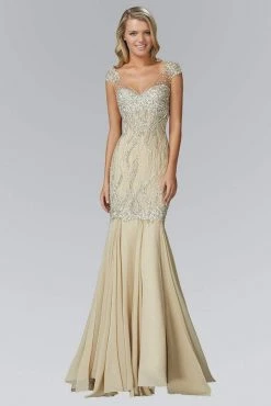 Elizabeth K - GL2123 Beaded Sheer Cap Sleeve Trumpet Gown Formal Gowns