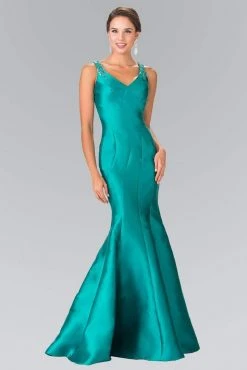 Elizabeth K GL2212 Sculpted V-Neck Mikado Trumpet Gown In Black - 1 Pc Green In Size 2XL Available Formal Gowns