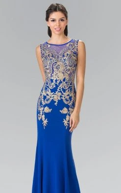 Formal Gowns Elizabeth K - GL2230 Embroidered Bateau Neck Jersey Trumpet Dress