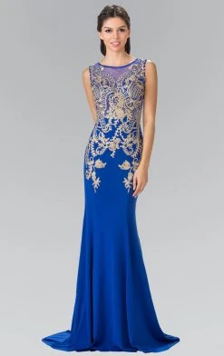 Formal Gowns Elizabeth K - GL2230 Embroidered Bateau Neck Jersey Trumpet Dress