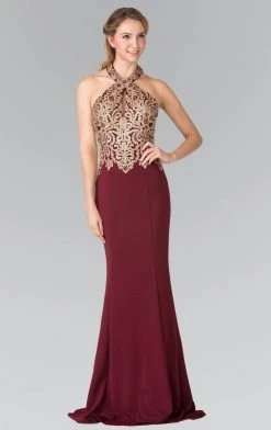 Formal Gowns Elizabeth K - GL2231 Embroidered Halter Jersey Trumpet Dress 12 Formal Gowns Elizabeth K - GL2231 Embroidered Halter Jersey Trumpet Dress