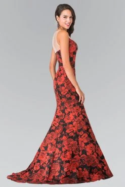 Elizabeth K - GL2246 Illusion Bateau Neckline With Floral Print Gown Formal Gowns
