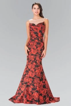 Elizabeth K - GL2246 Illusion Bateau Neckline With Floral Print Gown Formal Gowns