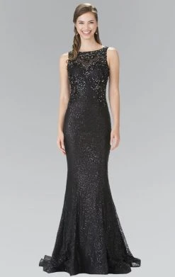 Elizabeth K - GL2268 Embellished Bateau Neck Lace Trumpet Dress