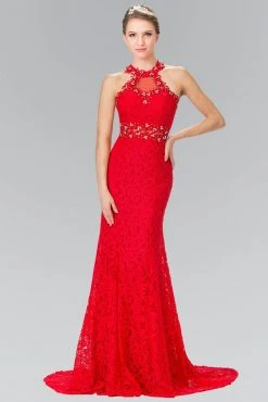 Formal Gowns Elizabeth K - GL2297 Beads Embellished High-Neck Lace Dress