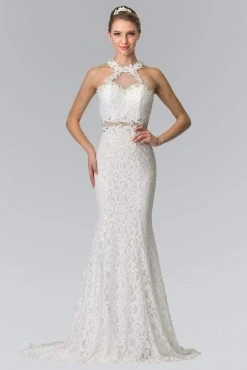 Formal Gowns Elizabeth K - GL2297 Beads Embellished High-Neck Lace Dress