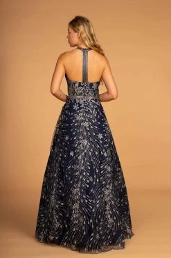 Elizabeth K - GL2508 Glitter Print Illusion Paneled Halter Gown Formal Gowns