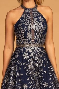 Elizabeth K - GL2508 Glitter Print Illusion Paneled Halter Gown Formal Gowns