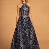 Elizabeth K - GL2508 Glitter Print Illusion Paneled Halter Gown Formal Gowns