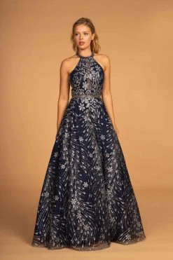 Elizabeth K - GL2508 Glitter Print Illusion Paneled Halter Gown Formal Gowns