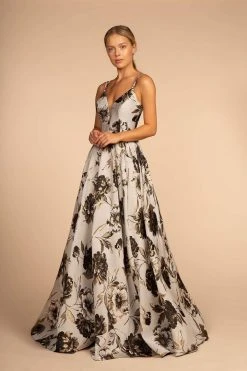 Formal Gowns Elizabeth K - GL2657 Floral Print Deep V-neck A-line Dress