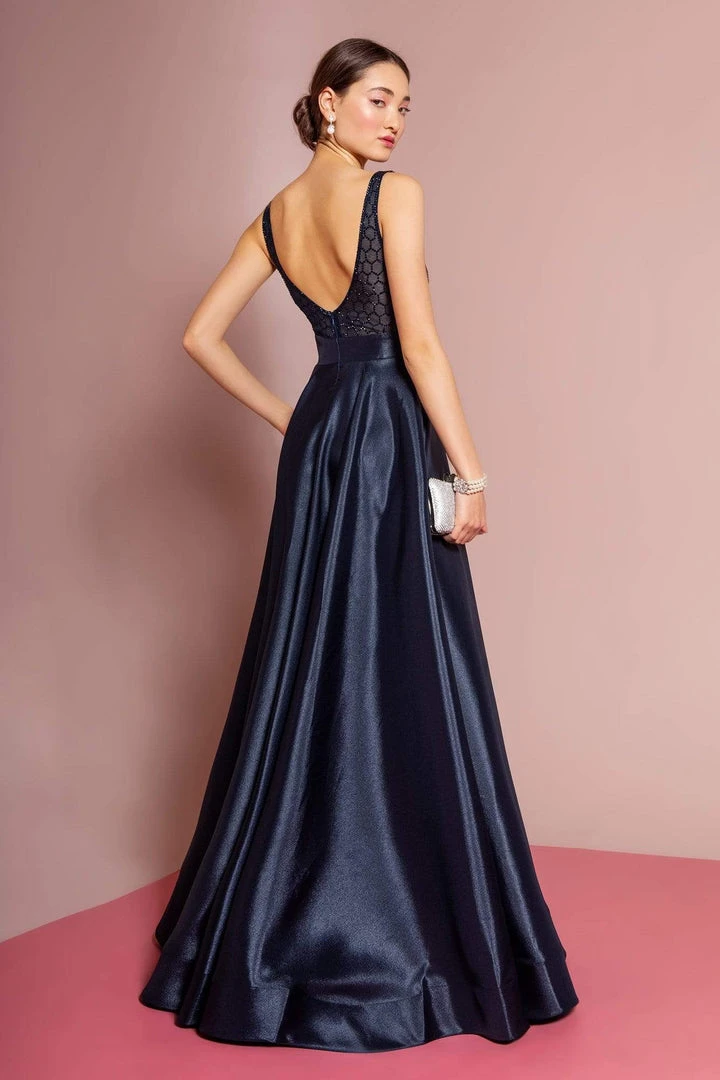 Formal Gowns Elizabeth K - GL2705 Embellished Deep V-neck Satin A-line Dress 8 Formal Gowns Elizabeth K - GL2705 Embellished Deep V-neck Satin A-line Dress