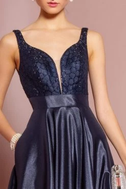 Formal Gowns Elizabeth K - GL2705 Embellished Deep V-neck Satin A-line Dress 16 Formal Gowns Elizabeth K - GL2705 Embellished Deep V-neck Satin A-line Dress