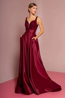 Formal Gowns Elizabeth K - GL2705 Embellished Deep V-neck Satin A-line Dress