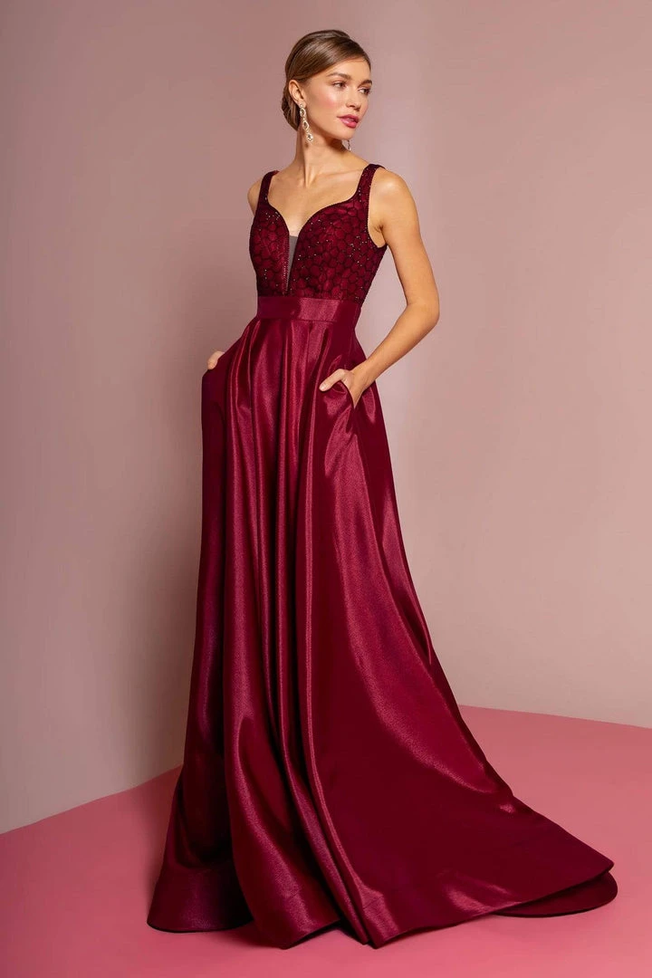 Formal Gowns Elizabeth K - GL2705 Embellished Deep V-neck Satin A-line Dress 3 Formal Gowns Elizabeth K - GL2705 Embellished Deep V-neck Satin A-line Dress
