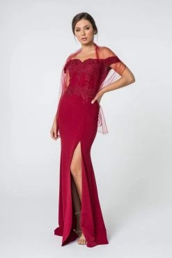 Elizabeth K - GL2708 Embroidered Off-Shoulder Jersey Trumpet Dress