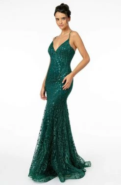 Elizabeth K - GL2965 Glitter Mesh Sleeveless Deep V-Neck Mermaid Dress Formal Gowns