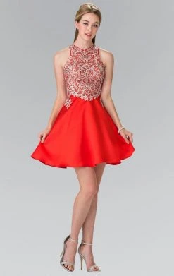 Cocktail Dresses Elizabeth K - GS1442 Embellished High Neck Lace A-Line Dress
