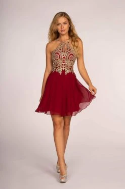 Cocktail Dresses Elizabeth K - GS1615 Gilt-Embroidered High Halter Chiffon Dress