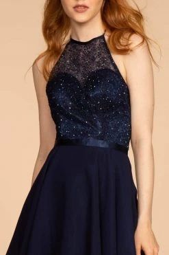 Elizabeth K - GS1621 Illusion Halter Jewel Ornate A-Line Dress Cocktail Dresses