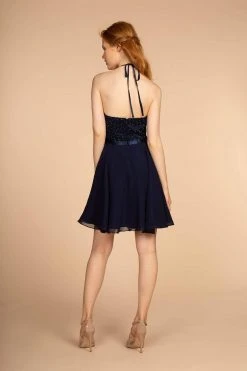 Elizabeth K - GS1621 Illusion Halter Jewel Ornate A-Line Dress Cocktail Dresses