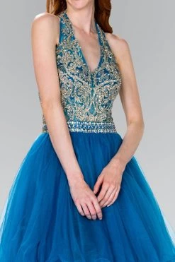 Cocktail Dresses Elizabeth K - GS2382 Gold Applique Halter V-neck Tulle A-line Dress