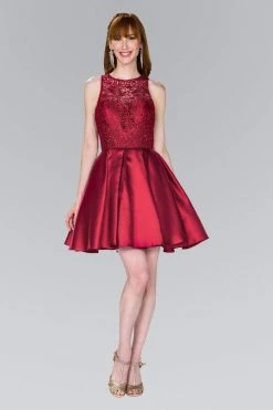 Elizabeth K - GS2383 Lace Jewel Neck Mikado A-line Dress Cocktail Dresses