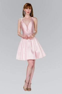Cocktail Dresses Elizabeth K - GS2384 Plunging V-Neck Bejeweled Mikado Dress