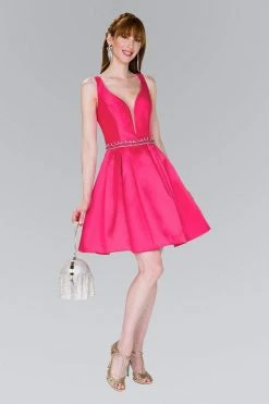 Cocktail Dresses Elizabeth K - GS2384 Plunging V-Neck Bejeweled Mikado Dress