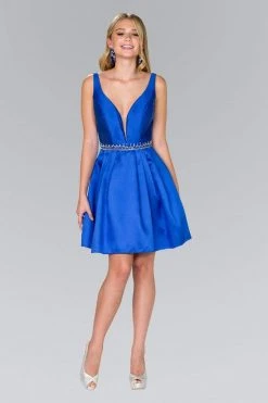 Cocktail Dresses Elizabeth K - GS2384 Plunging V-Neck Bejeweled Mikado Dress