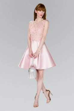 Elizabeth K - GS2387 Appliqued Illusion Bodice Mikado Dress Cocktail Dresses