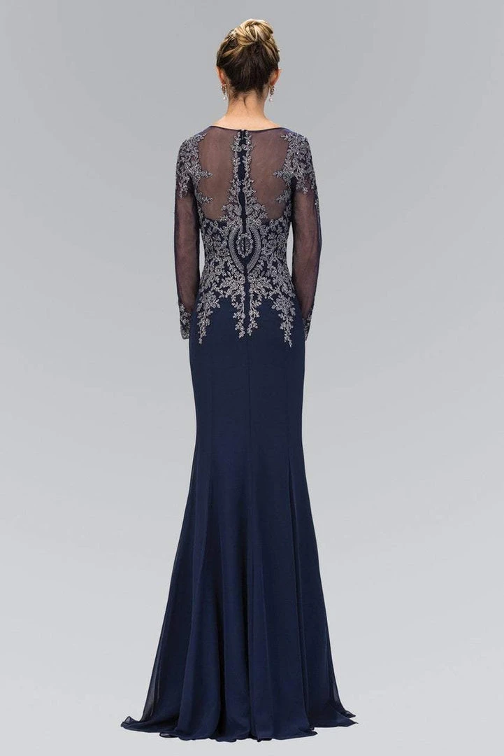 Elizabeth K Illusion Long Sleeve Metallic Lace Gown - 1 Pc Navy In Size L Available 4 Elizabeth K Illusion Long Sleeve Metallic Lace Gown - 1 Pc Navy In Size L Available