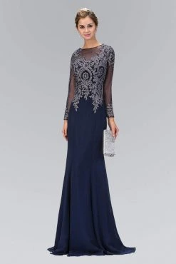 Elizabeth K Illusion Long Sleeve Metallic Lace Gown - 1 Pc Navy In Size L Available