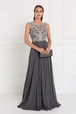 Elizabeth K Jeweled Illusion Bateau Chiffon A-line Gown GL1565 - 1 Pc Charcoal In Size L Available