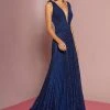 Formal Gowns Elizabeth K - Pleated Deep V-Neck A-line Dress GL2687 - 1 Pc Navy In Size S Available 2 Formal Gowns Elizabeth K - Pleated Deep V-Neck A-line Dress GL2687 - 1 Pc Navy In Size S Available
