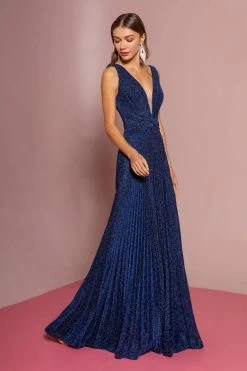 Formal Gowns Elizabeth K - Pleated Deep V-Neck A-line Dress GL2687 - 1 Pc Navy In Size S Available