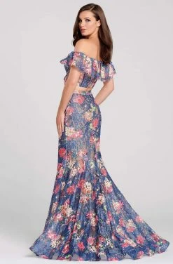 Ellie Wilde - EW120099 Off-Shoulder 2-Piece Novelty Lace Trumpet Dress Formal Gowns