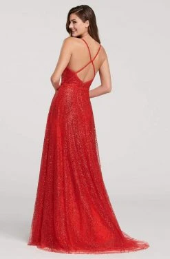 Ellie Wilde - Sleeveless Glitter Tulle Deep V Neck Prom Gown EW119001 - 1 Pc Red In Size 2 Available Formal Gowns