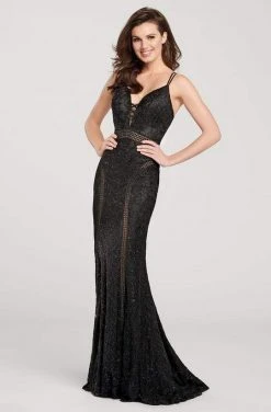Formal Gowns Ellie Wilde - Strappy Illusion Cutout Trimmed Evening Dress EW119143 - 1 Pc Black In Size 2 Available