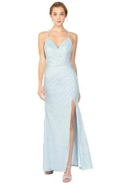 Eureka Fashion - 9933 Glitter Jersey V-neck Sheath Dress - 1 Pc Ice Blue In Size M Available