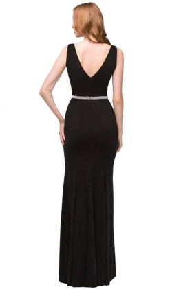 Eureka Fashion - Beaded Plunging V-neck Jersey Evening Dress Formal Gowns