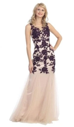 Eureka Fashion - Illusion Bateau Floral Embroidered Trumpet Dress