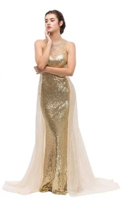 Eureka Fashion - Sequined Illusion Halter Evening Dress With Sheer Overlay