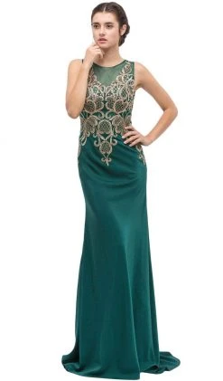 Eureka Fashion - Sleeveless Embroidered Gilt Lace Trumpet Evening Gown