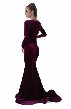 Evaje - Long Velvet Mermaid Dress 10013 - 1 Pc Burgundy In Size L Available Formal Gowns