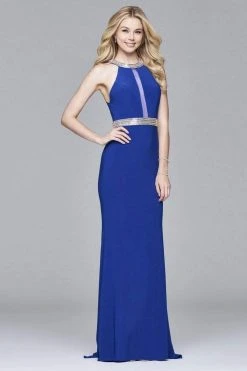 Formal Gowns Faviana - 7910 Long Halter Jersey Dress With Beaded Waistband And Neckline