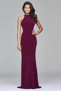 Faviana - Illusion Side Paneled Long Jersey Gown 7943 - 1 Pc Bordeux In Size 6 Available Formal Gowns