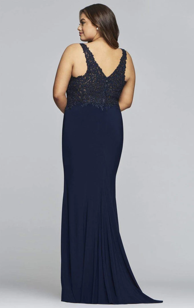 Faviana - Lace Applique V-Neck Jersey Sheath Dress 9463 - 2 Pcs Navy In Size 18W Available Formal Gowns 4 Faviana - Lace Applique V-Neck Jersey Sheath Dress 9463 - 2 Pcs Navy In Size 18W Available Formal Gowns